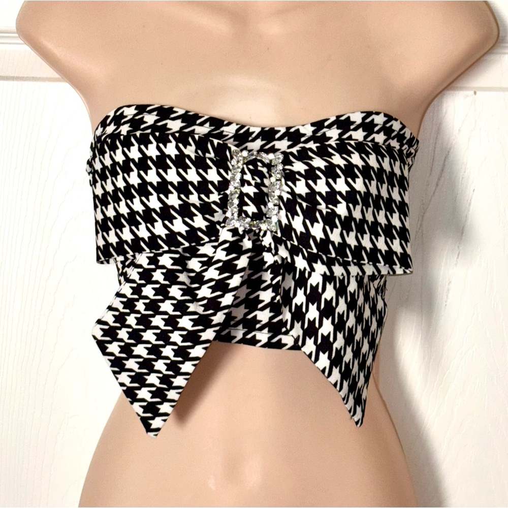 SHEIN Houndstooth Rhinestone Bow Tube Top Small